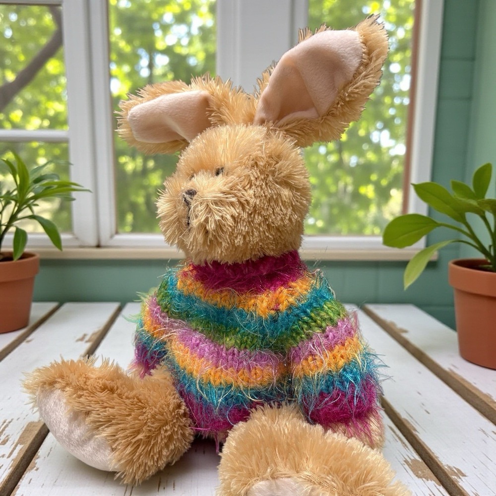 Wishpets BUNNY RABBIT 2004 beanbag plush RAINBOW Striped‎ Sweater Brown w/Tag
